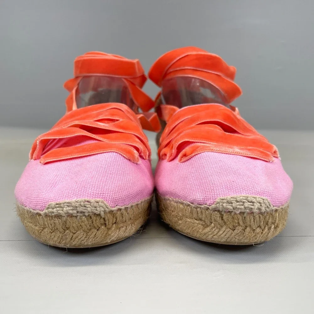 Penelope Chilvers Espadrille Sandals Womens Size 38 US 7 Pink Canvas Ribbon Shoe